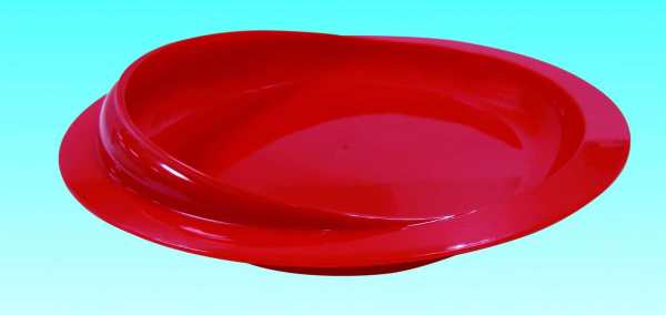Red plastic pet bowl for elderly and disabled mobility assistance.