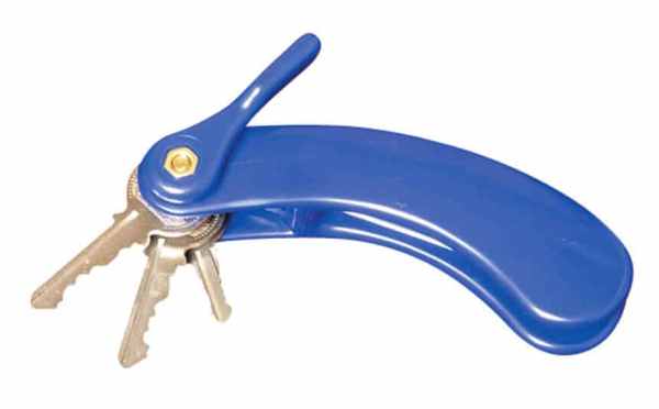Key turner assistive device for mobility aids, blue, ergonomic handle for easy grip and accessibility.