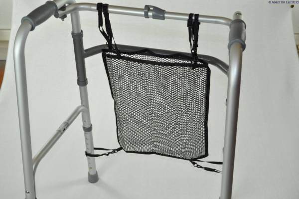 Lightweight mobility walker with storage pouch for elderly and disabled.