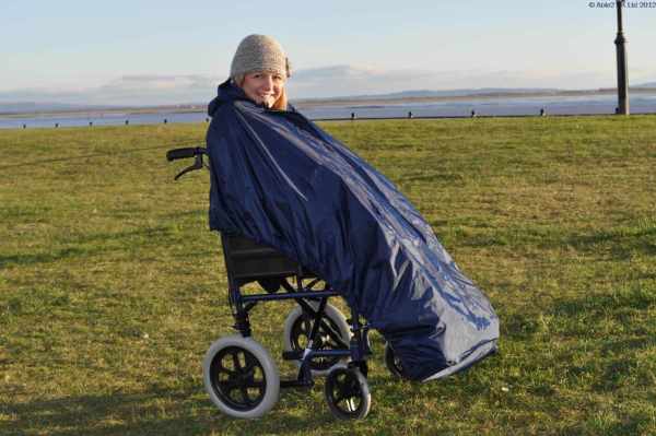 Lightweight wheelchair with rain cover for outdoor mobility, ideal for seniors and disabled individuals.
