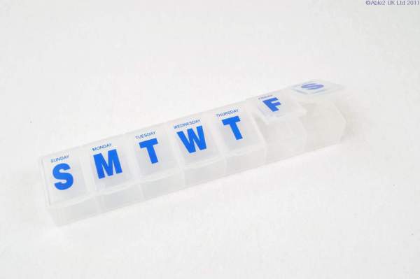 Accessible weekly pill organiser for medication management and mobility support.
