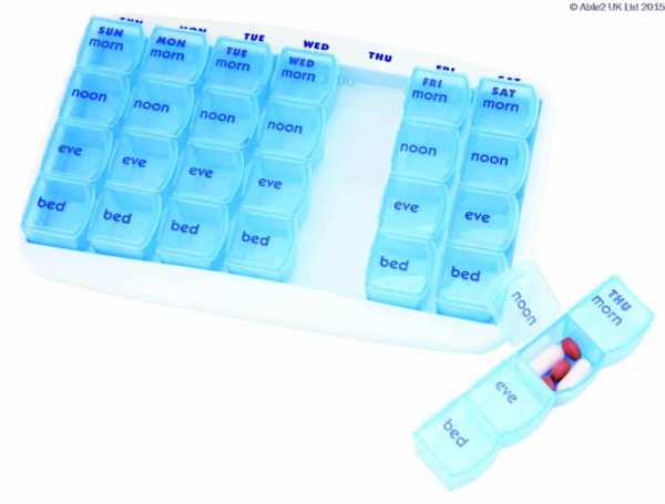 1. Pill organiser with labelled compartments for each day and time of day, ideal for medication management.