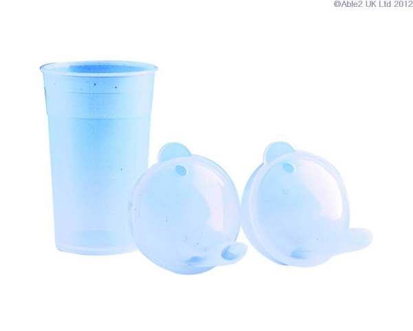Blue straw cup with two rubber suction balls for drinking aids and mobility support.