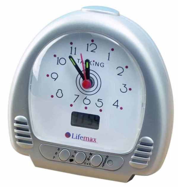 Electric alarm clock with digital display and ergonomic design for enhanced accessibility and mobility.