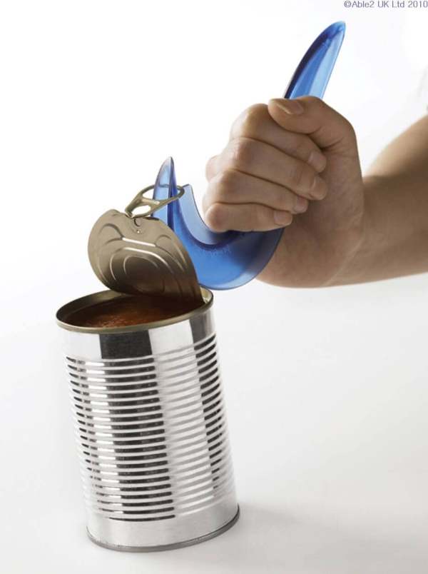 Aluminium can turned into a can opener with a blue plastic handle and a can lid opener tool.