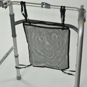 Lightweight mobility walker with storage pouch for elderly and disabled.