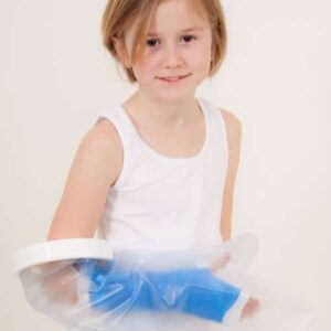Child wearing a medical arm sling for upper limb support, showcasing mobility aids for young patients.