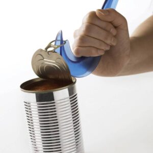Aluminium can turned into a can opener with a blue plastic handle and a can lid opener tool.