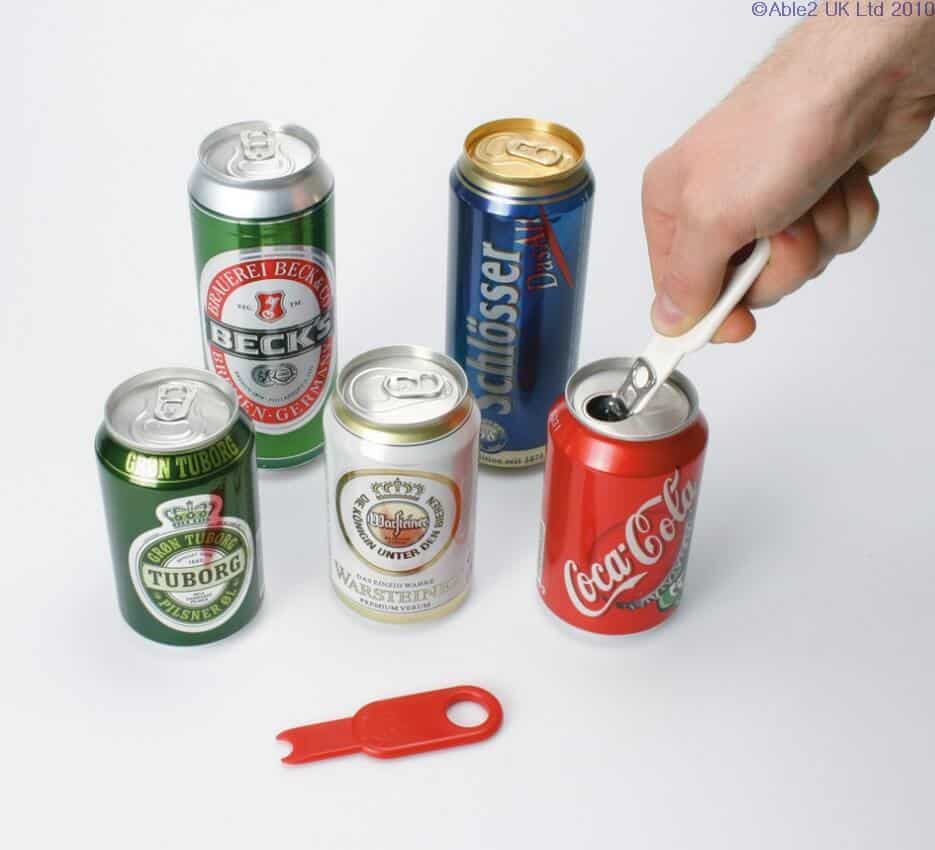 Aluminium can tab opener for disabled or elderly individuals, accessible can opening aid.