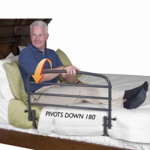 Adjustable bed rail for enhanced mobility and safety in homes and care settings.