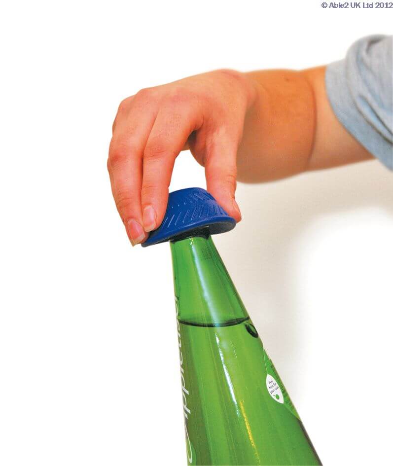 Adjustable rubber bottle opener for mobility aid bottles, versatile and easy to use.
