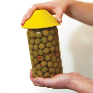 Anti Slip Jar Opener Fresh green olives in brine with red pimentos in a jar, stored for preservation and use.