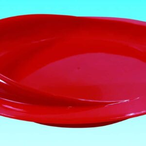 Red plastic pet bowl for elderly and disabled mobility assistance.