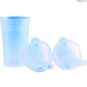 Drinking Cup Clear With Two Lids - Clear Blue straw cup with two rubber suction balls for drinking aids and mobility support.