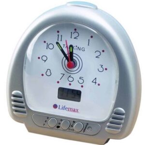 Electric alarm clock with digital display and ergonomic design for enhanced accessibility and mobility.