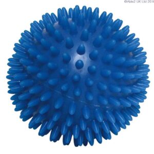 Soft blue tactile massage ball for mobility and rehabilitation exercises.