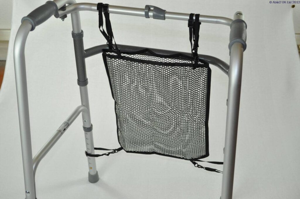 Lightweight mobility walker with storage pouch for elderly and disabled.
