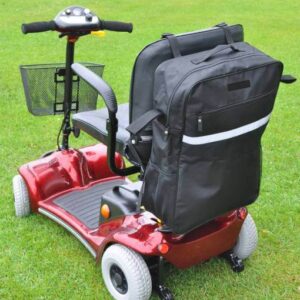 Comfortable mobility scooter with storage bag for elderly and disabled users in UK.
