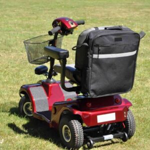 Splash Scooter Bag Electric mobility scooter with storage bag for easy transport and improved outdoor mobility.