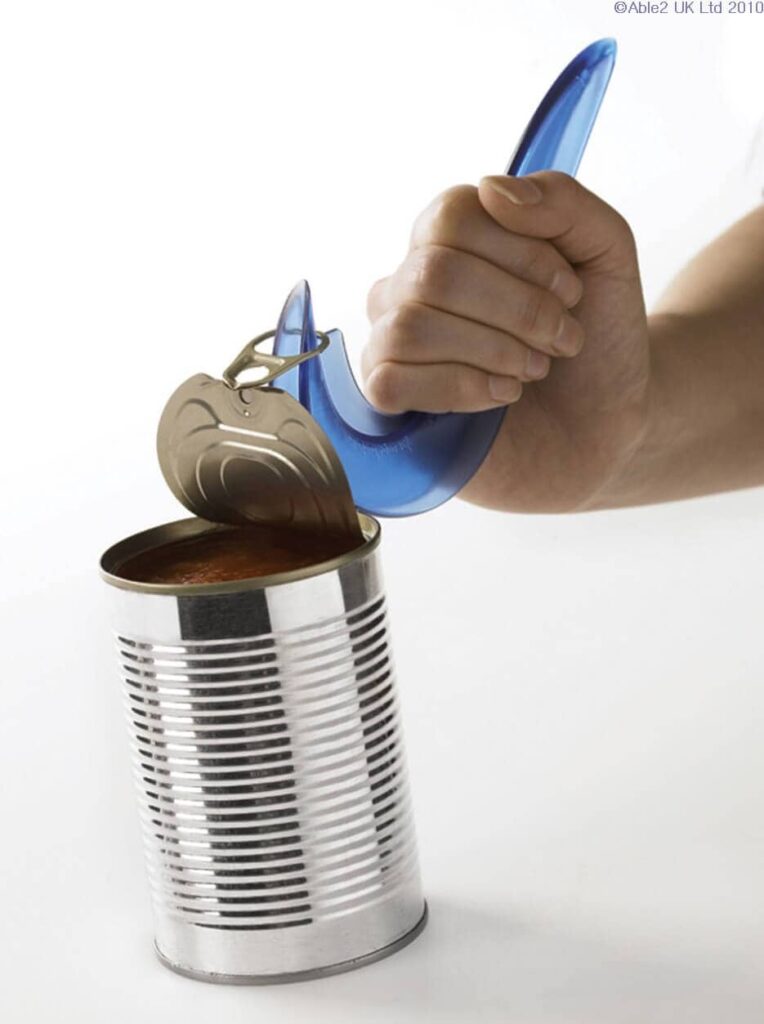 Aluminium can turned into a can opener with a blue plastic handle and a can lid opener tool.