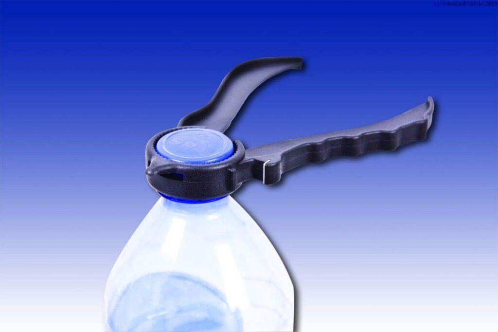 Durable water bottle spray cap for mobility aids and outdoor use.