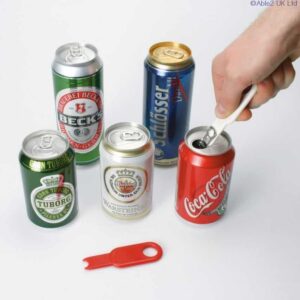 Aluminium can tab opener for disabled or elderly individuals, accessible can opening aid.