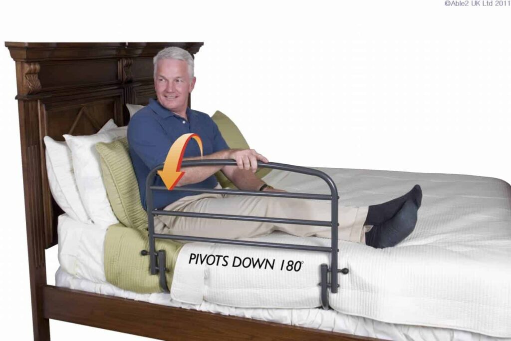 Adjustable bed rail for enhanced mobility and safety in homes and care settings.