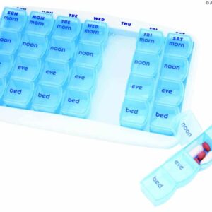 1. Pill organiser with labelled compartments for each day and time of day, ideal for medication management.