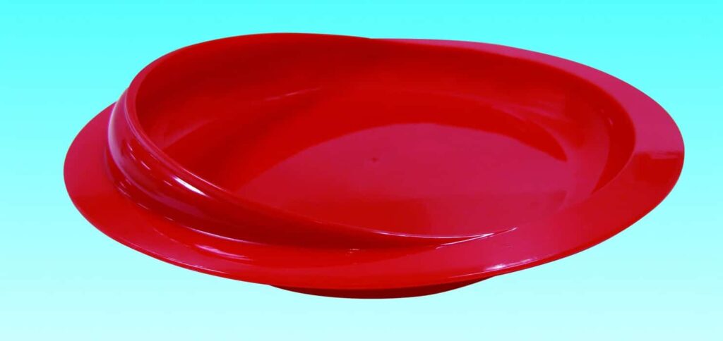Red plastic pet bowl for elderly and disabled mobility assistance.