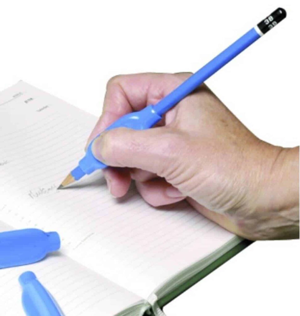 Blue pen grip aids for mobility and writing support.