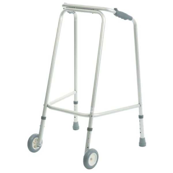Lightweight mobility walker with wheels for easy movement and support.
