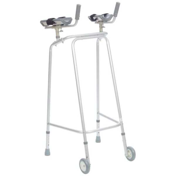 Lightweight mobility walker with adjustable support and wheels for senior and disabled use.