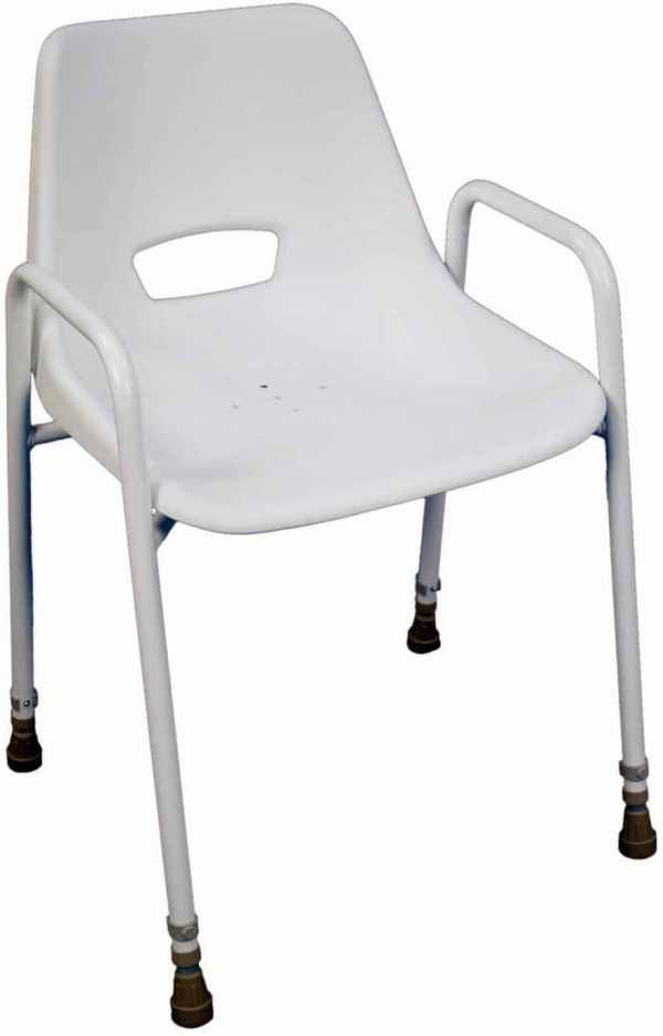 Foldable hospital shower chair with armrests, adjustable legs, ideal for mobility aid and comfort.