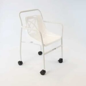 Lightweight white mobility shower chair with wheels for elderly and disabled use.