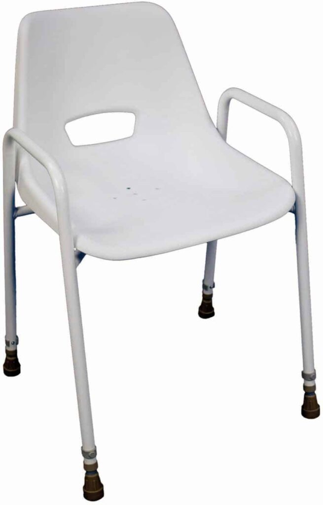 Foldable hospital shower chair with armrests, adjustable legs, ideal for mobility aid and comfort.