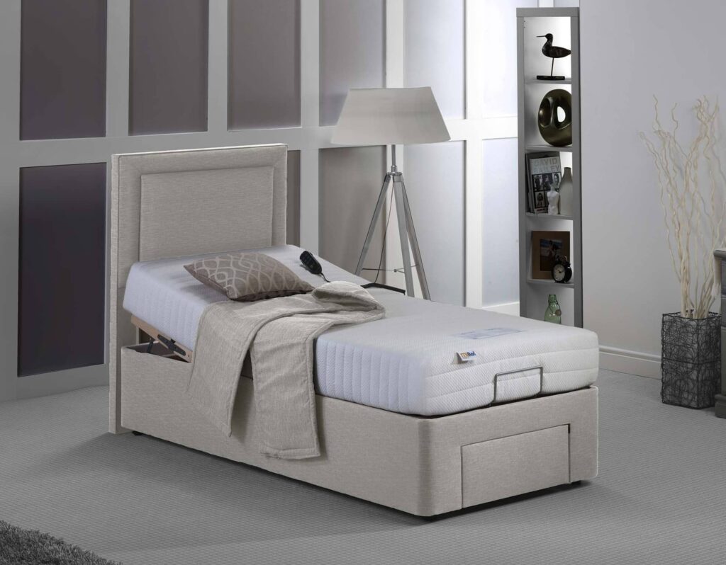 Comfortable adjustable hospital bed with remote control for easy positioning.