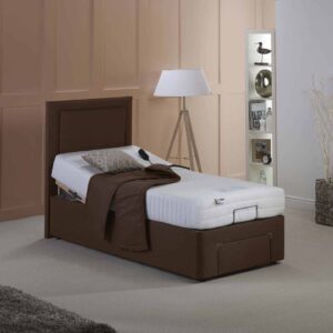 Comfortable adjustable hospital bed with brown wooden frame and remote control, ideal for mobility support.