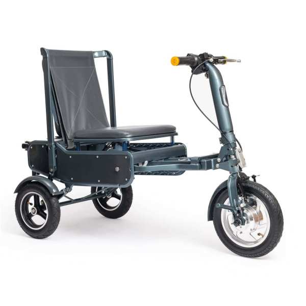 Electric mobility scooter with spacious seat and durable wheels for easy transport.