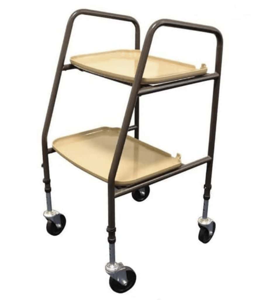 Lightweight mobility aid trolley with two beige trays and four wheels for easy transportation.