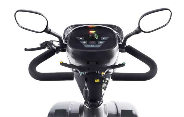 Electric mobility scooter dashboard with digital control panel and handlebars for accessible transport.