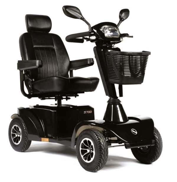 Electric mobility scooter with comfortable seating and manoeuvrability.
