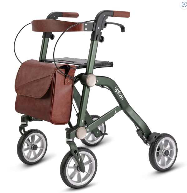 Lightweight mobility walker with durable frame and storage bag for senior independence.