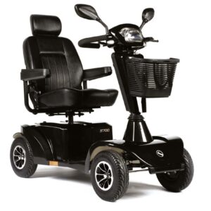 Electric mobility scooter with comfortable seating and manoeuvrability.