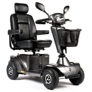 Electric mobility scooter with comfortable black seat and storage basket, ideal for elderly and disabled users in the UK.