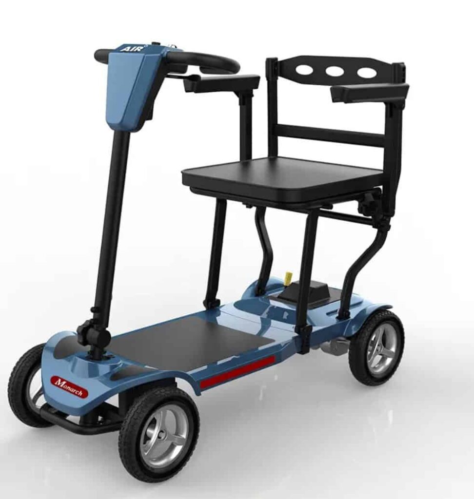 Lightweight mobility scooter with seat and support frame for disabled comfort.