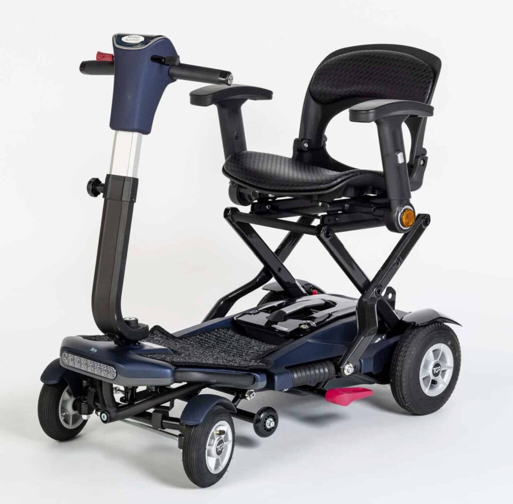 Lightweight electric mobility scooter for elderly and disabled users in the UK.