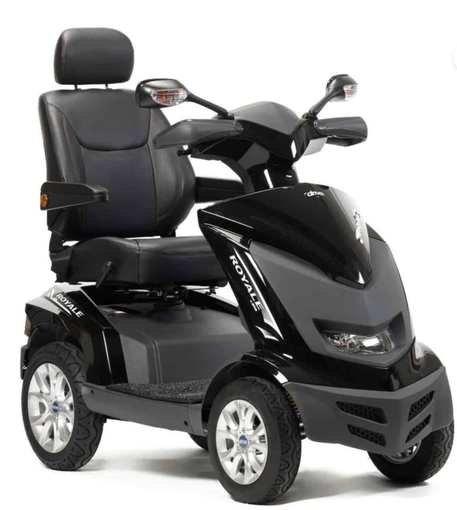 Electric mobility scooter with comfortable seat and advanced features for elderly and disabled.