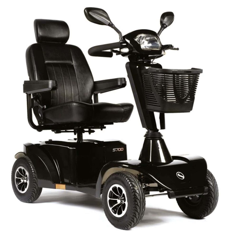 Electric mobility scooter with comfortable seating and manoeuvrability.