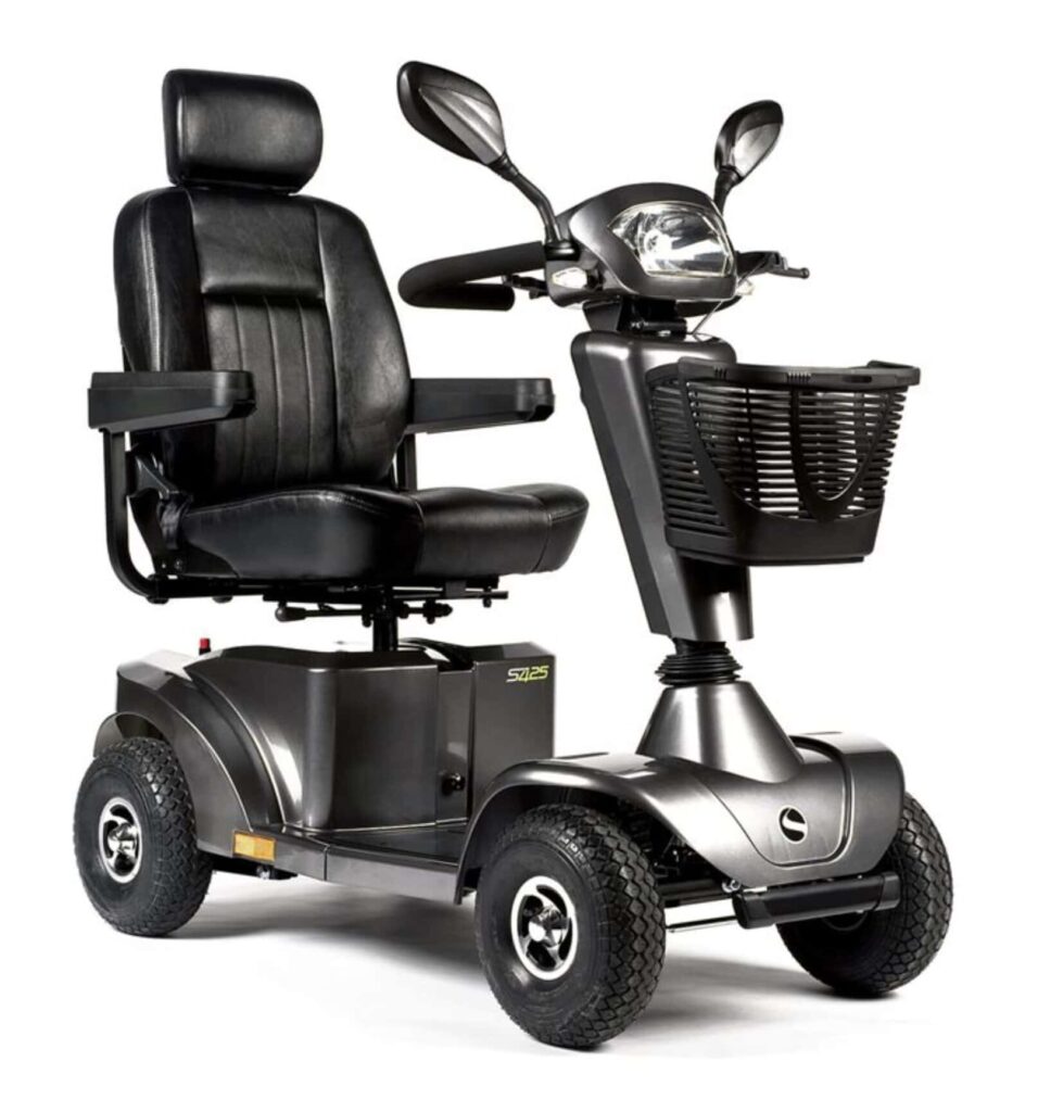 Electric mobility scooter with comfortable black seat and storage basket, ideal for elderly and disabled users in the UK.