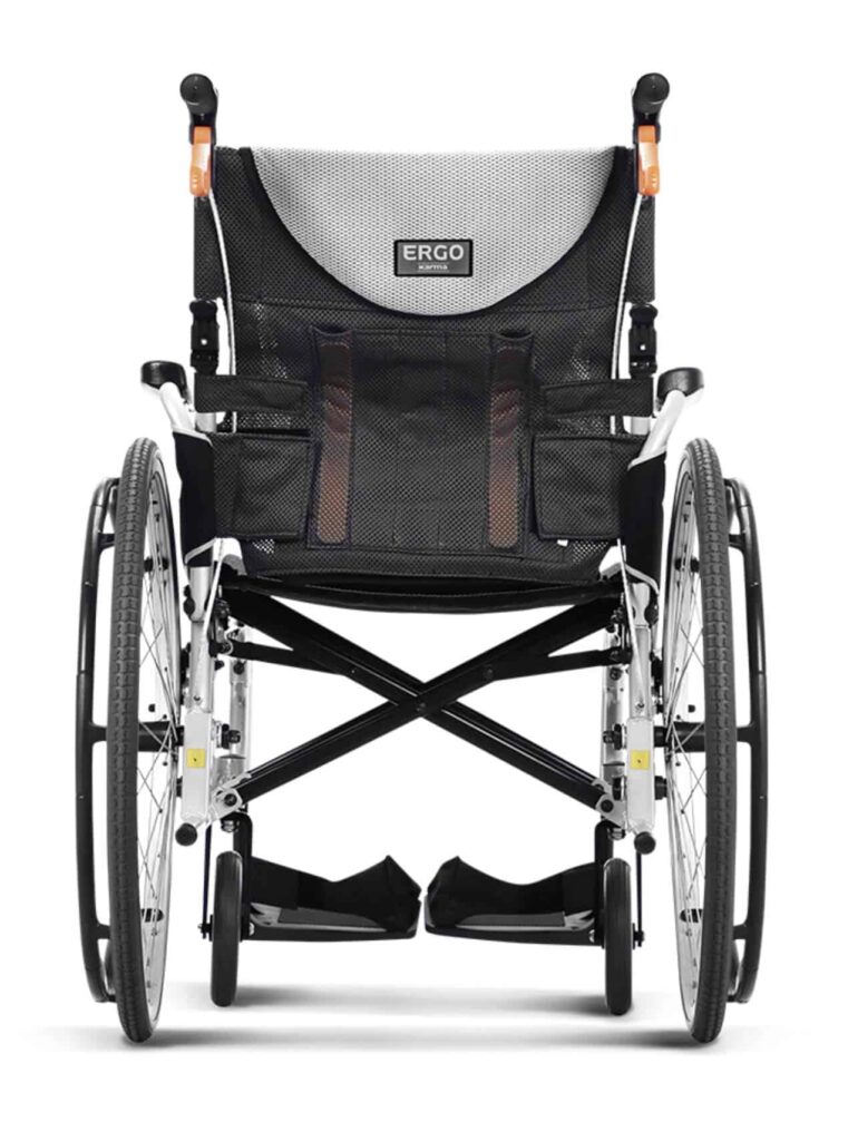Foldable lightweight aluminium wheelchair with adjustable features for mobility aid in the UK.